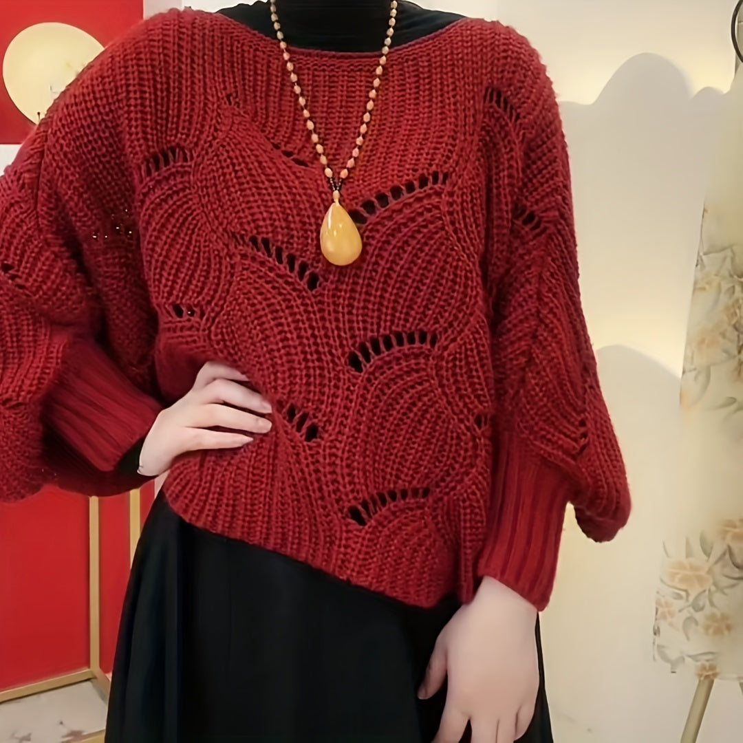 Sixsr Elegant Hollow Out Knitted Shawl Stylish Solid Color Pullover Coat Autumn Winter Warm Versatile Bat Sleeves Cloak