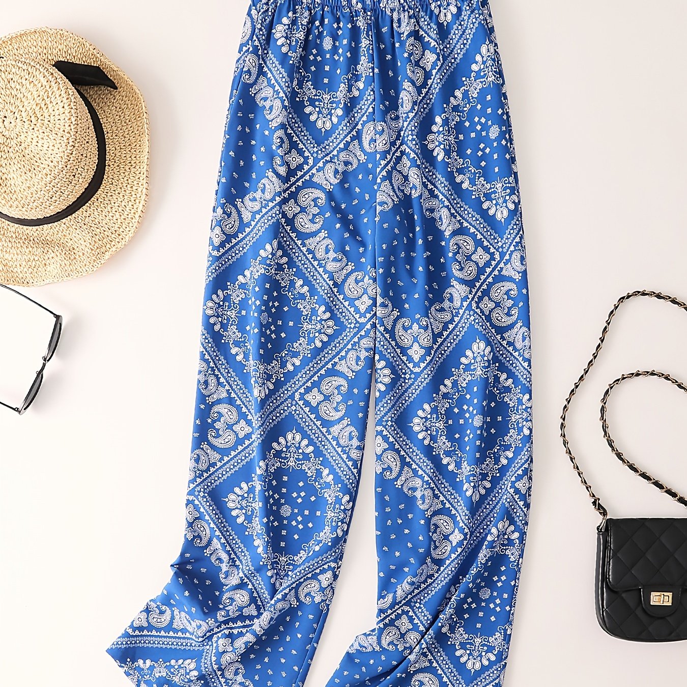 Paisley Scarf Print Wide Leg Pants, Boho Casual Loose Pants For Spring & Summer, Women's Clothing