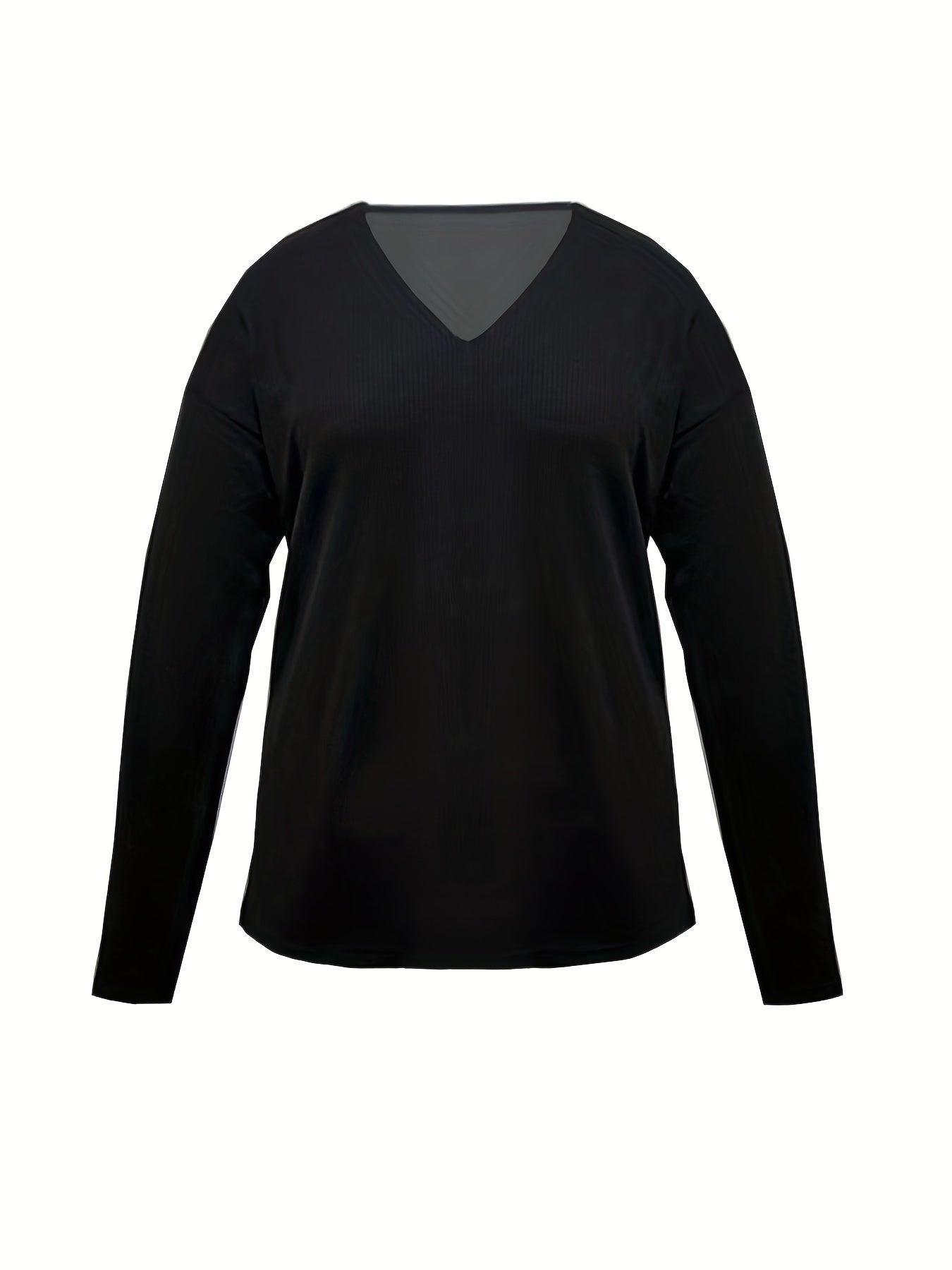Sixsr Plus Size Basic Sweater, Women's Plus Solid Ribbed Long Sleeve V Neck Slight Stretch Knit Top