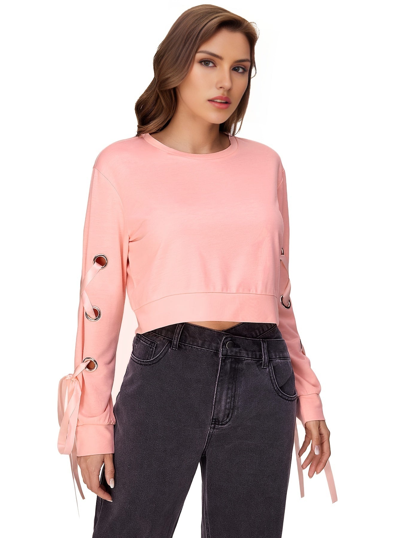 Sixsr Fashion Trend Round Neck Solid T-shirt, Casual Bandage Long Sleeved T-shirt, Women's Clothing