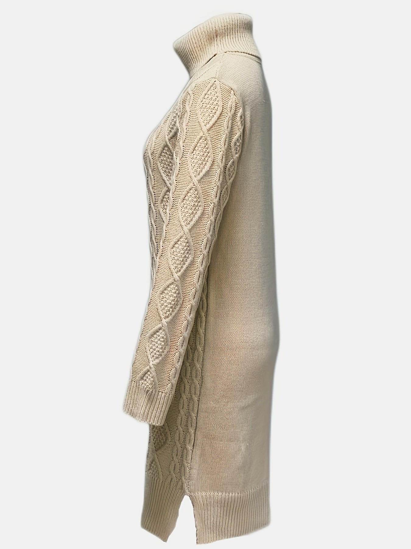 Sixsr Solid Turtleneck Split Knitted Dress, Elegant Long Sleeve Dress For Fall & Winter, Women's Clothing