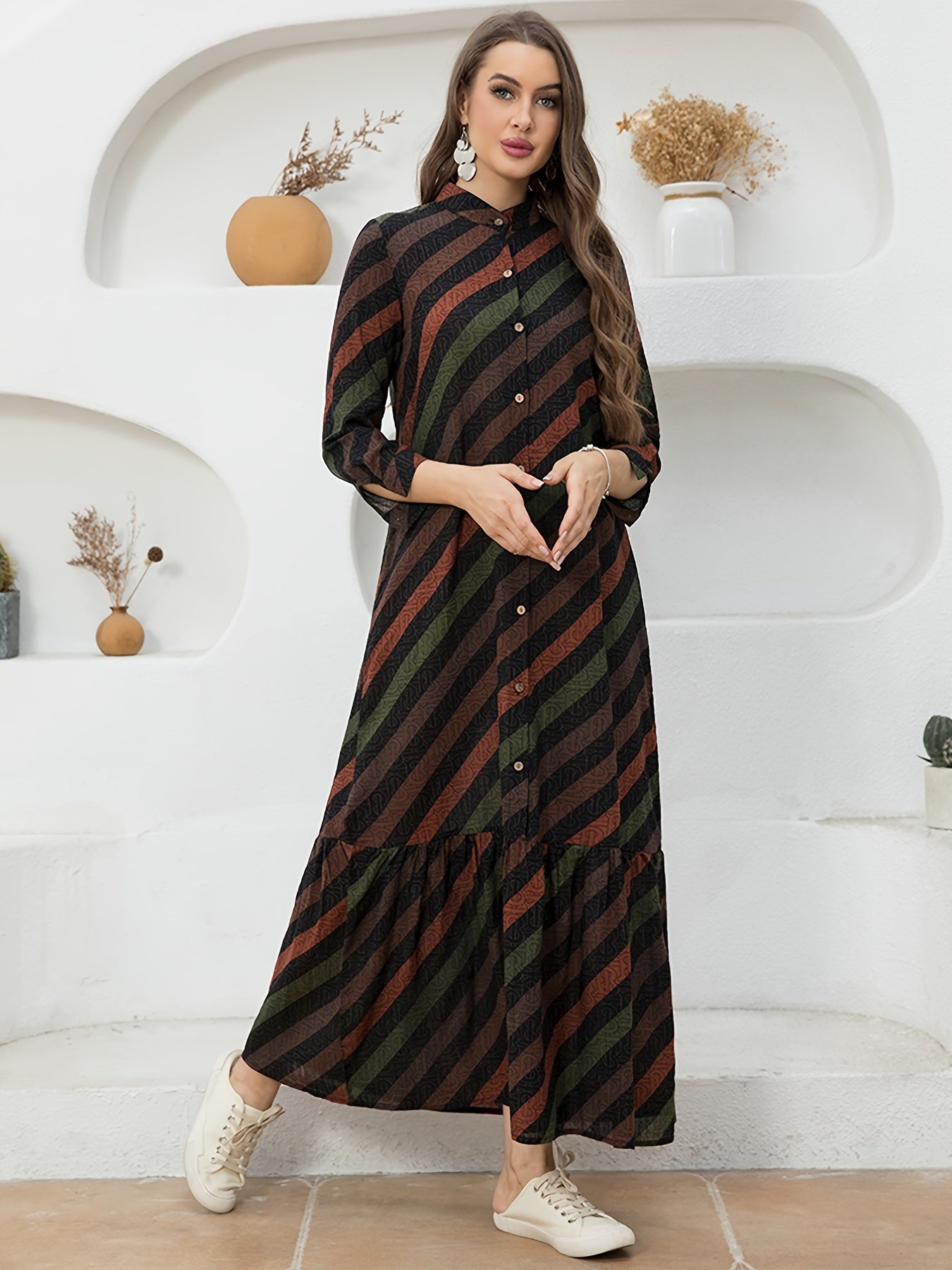 Sixsr Color Block Striped Print Dress, Vintage Button Front Long Sleeve High Neck Ruched Dress, Women's Clothing