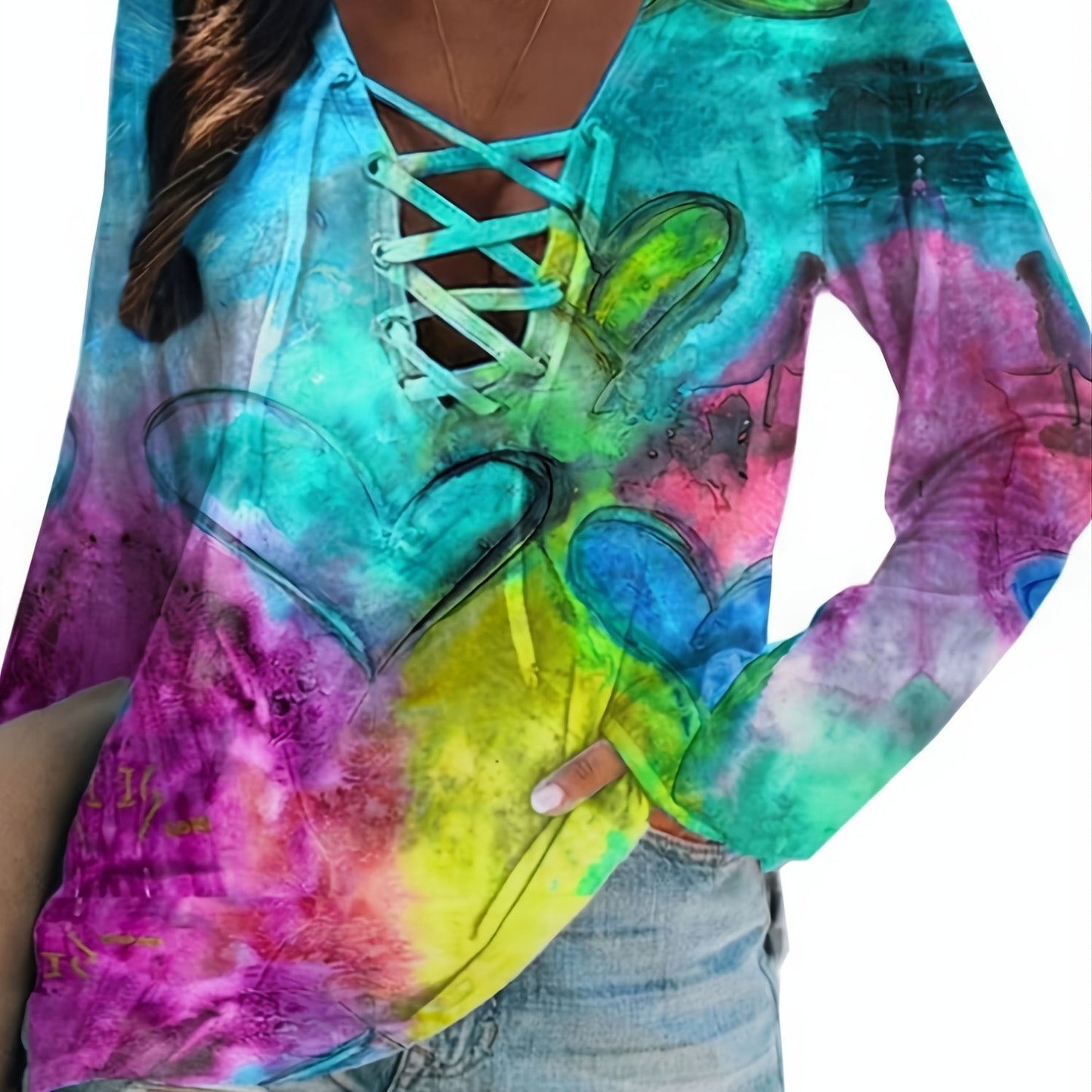 Tie Dye Criss Cross V Neck Long Sleeve T-shirt, Casual Spring & Fall Loose T-shirt, Women's Clothing