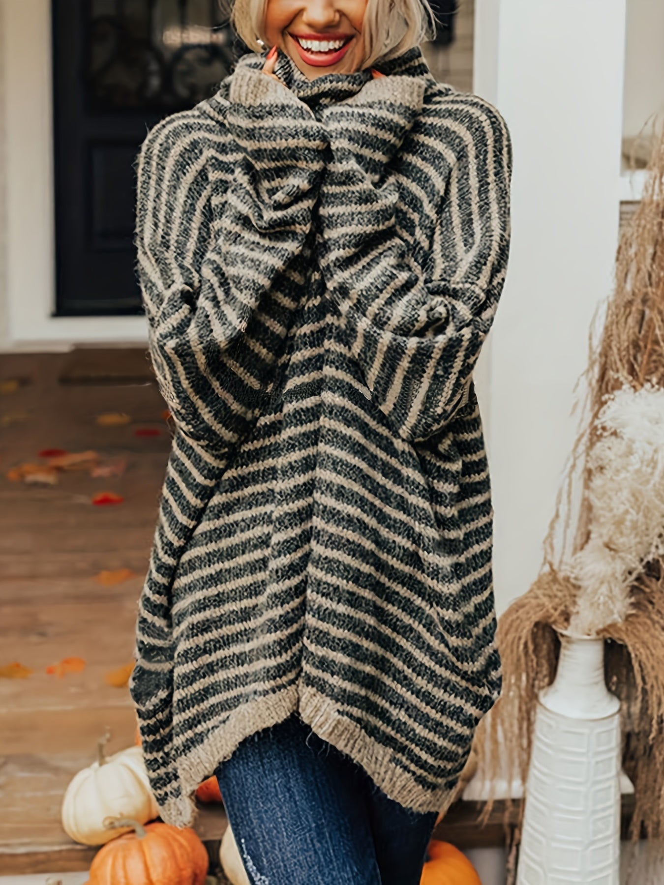 Sixsr Plus Size Casual Sweater, Women's Plus Stripe Print Chimney Collar Long Sleeve Pullover Sweater
