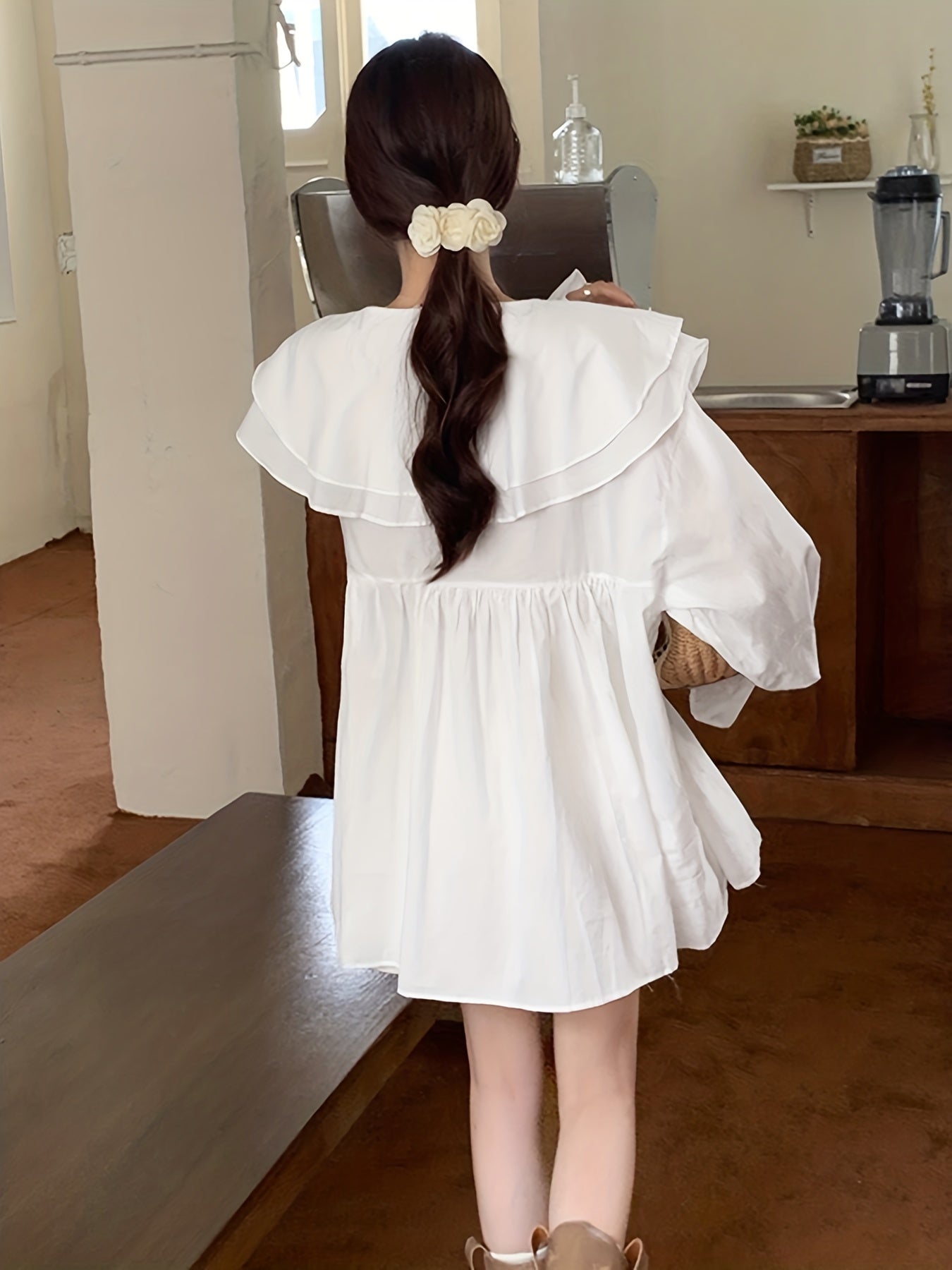 Sixsr Solid Tiered Collar Lantern Sleeve Dress, Casual V-neck Tied Dress For Spring & Summer, Women's Clothing