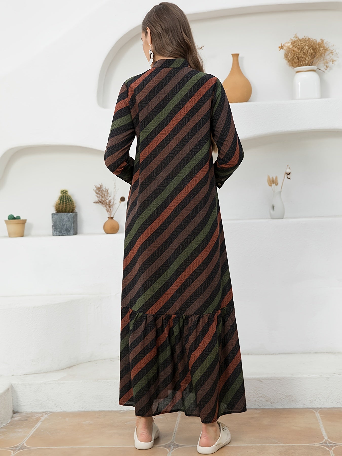 Sixsr Color Block Striped Print Dress, Vintage Button Front Long Sleeve High Neck Ruched Dress, Women's Clothing