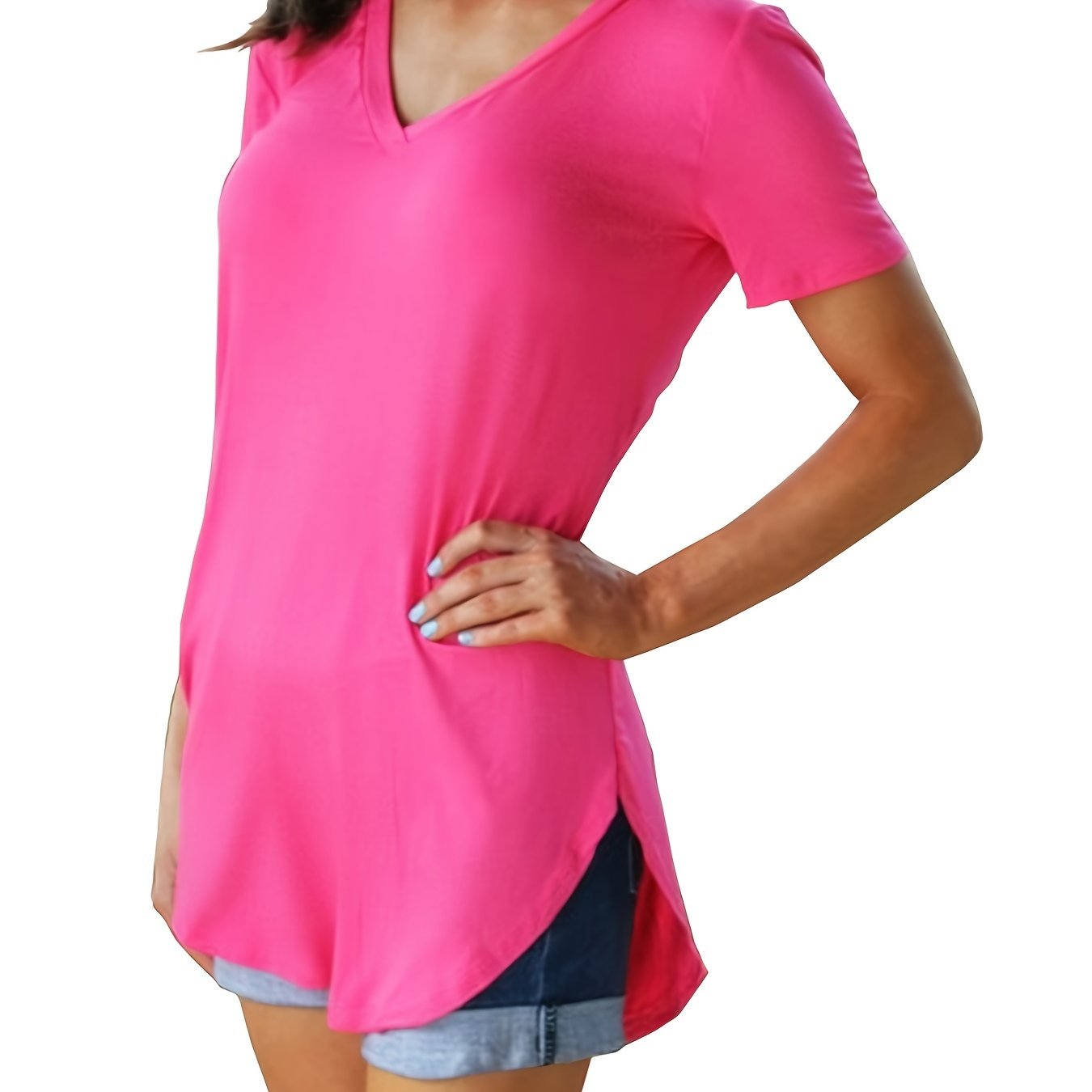Sixsr Hem Arc Spilt Hem T-shirt, Casual V Neck Short Sleeve Summer T-shirt, Women's Clothing