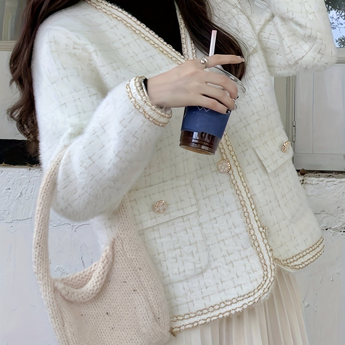 Sixsr Plaid Pattern Button Down Knit Cardigan, Elegant Long Sleeve Pocket Sweater Coat, Women's Clothing