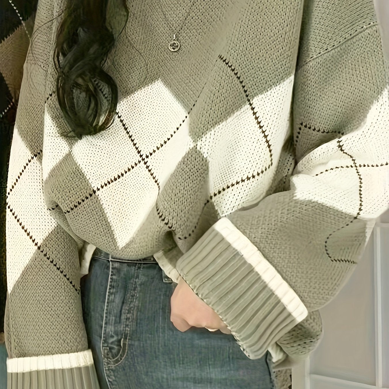 Sixsr Argyle Pattern Crew Neck Pullover Sweater, Vintage Long Sleeve Loose Sweater, Women's Clothing