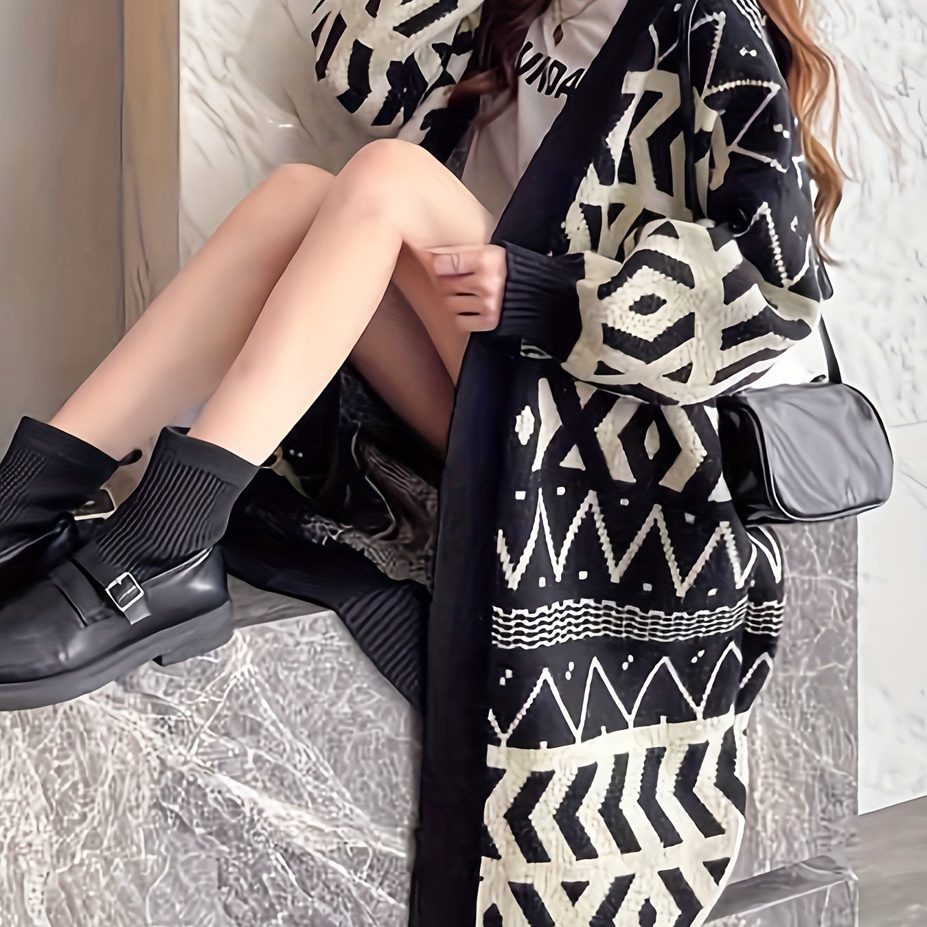 Sixsr Geo Pattern Open Front Knit Cardigan, Vintage Long Sleeve Mid Length Loose Sweater, Women's Clothing