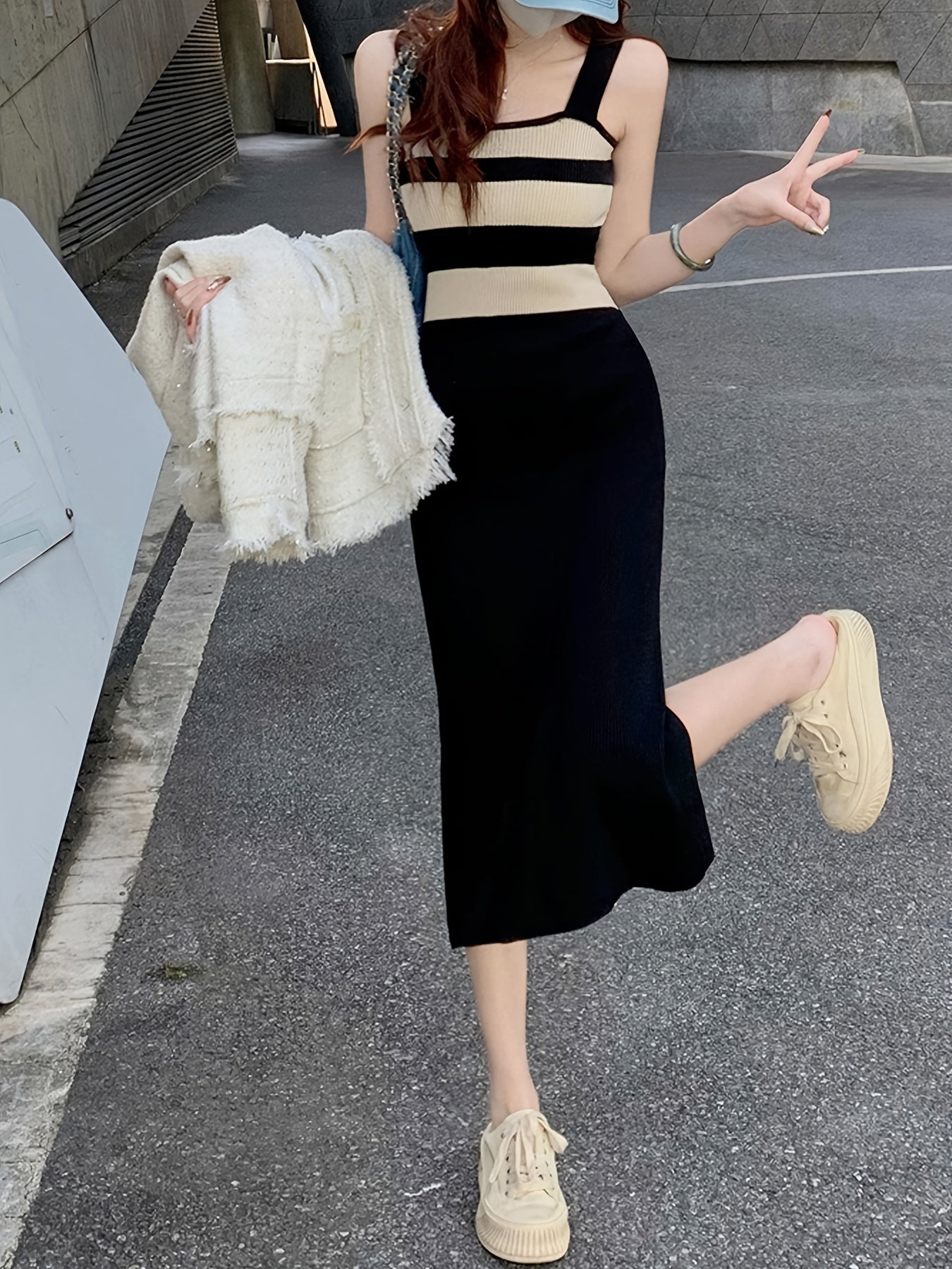 Sixsr Knitted Striped Tank Dress, Color Block Side Slit Casual Dress, Women's Clothing
