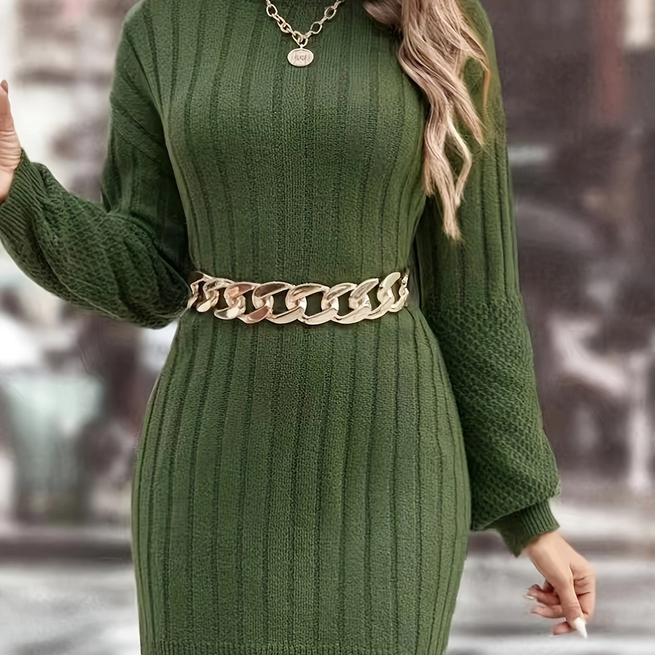 Sixsr Solid Mid Length Ribbed Knitted Sweater, Elegant Turtleneck Long Sleeve Sweater, Women's Clothing