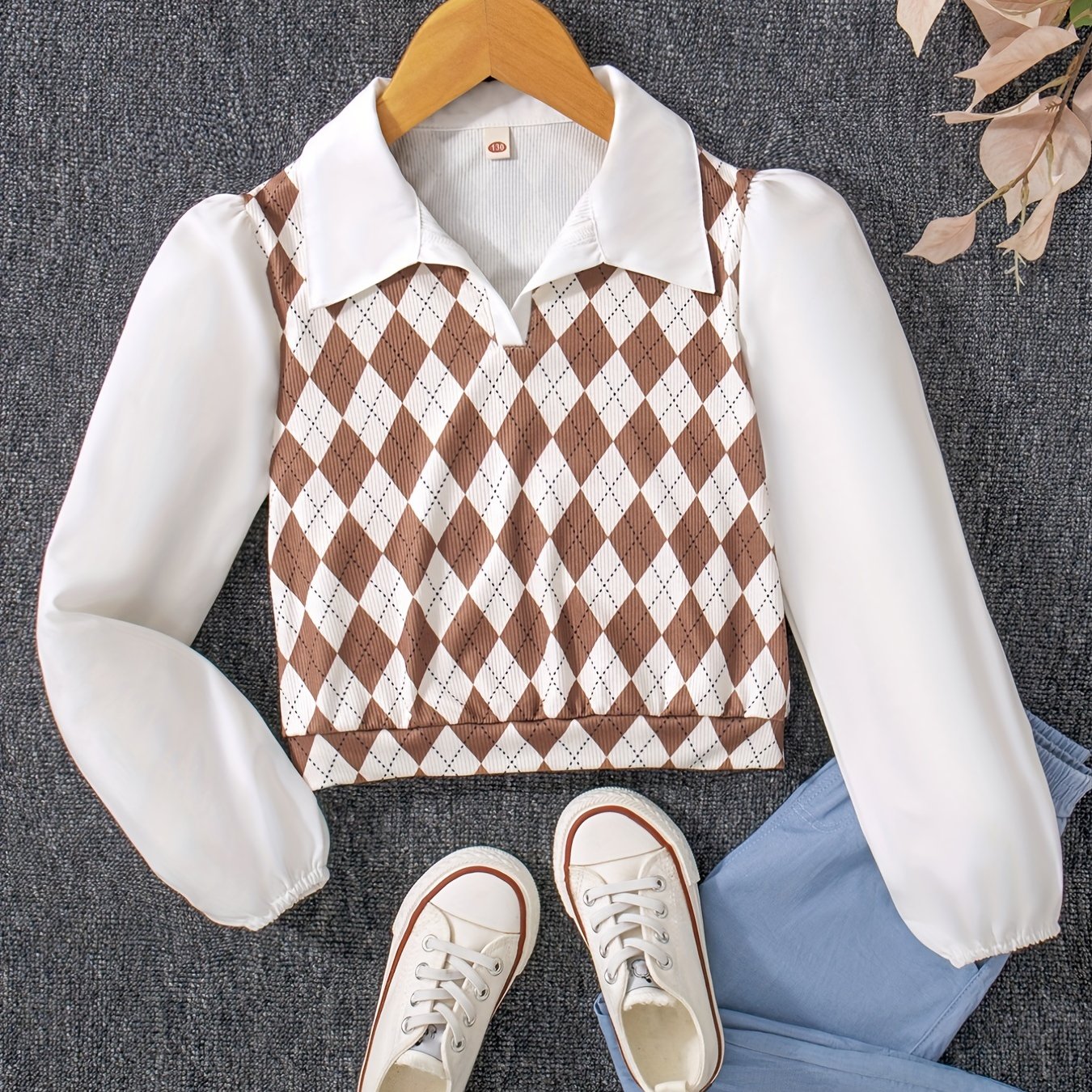 Sixsr Kids/Teen Girls Argyle Splicing Collar V-Neck Shirt For School Daily