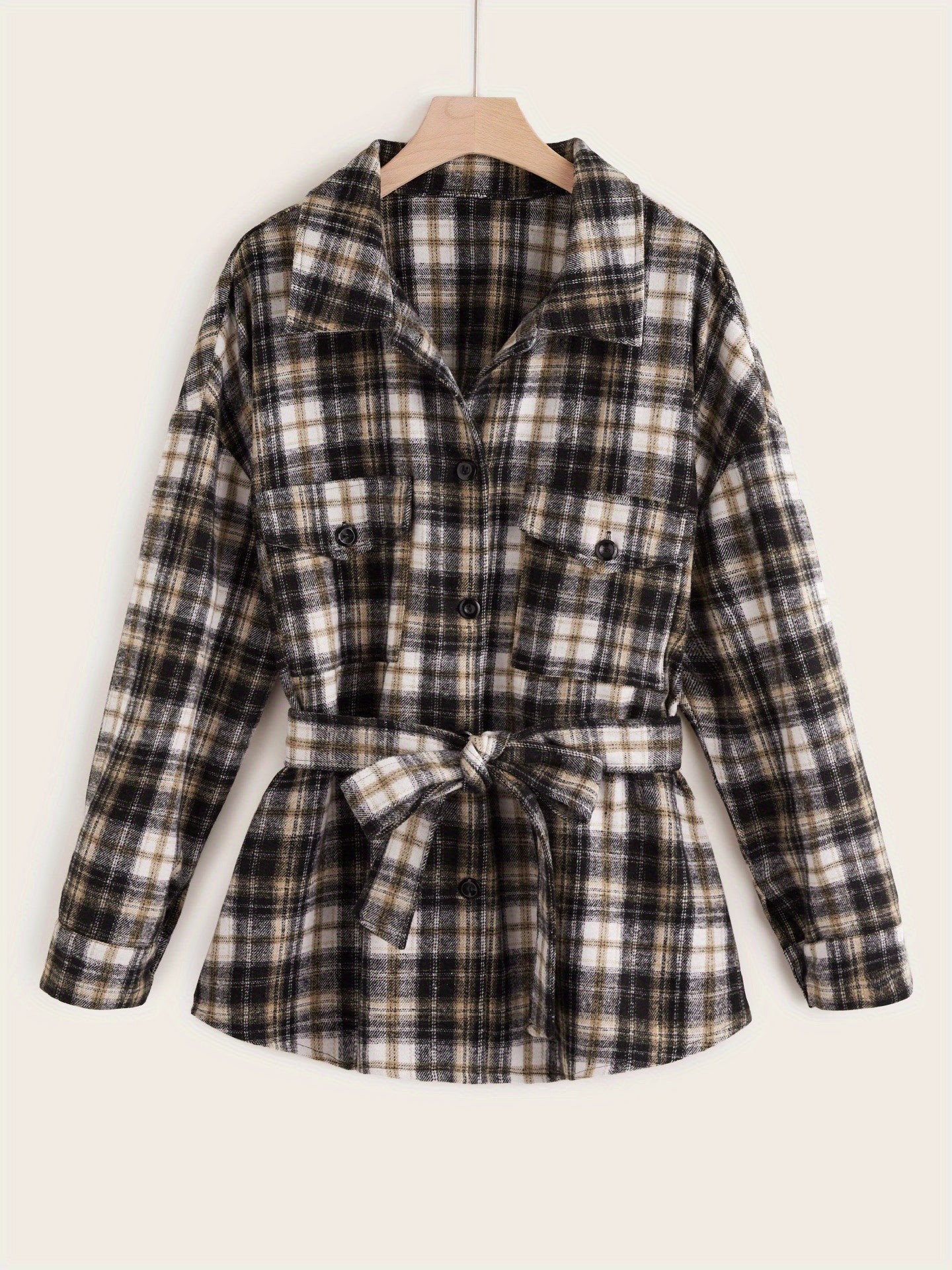 Sixsr Plus Size Casual Coat, Women's Plus Plaid Print Long Sleeve Button Up Overcoat With Belt