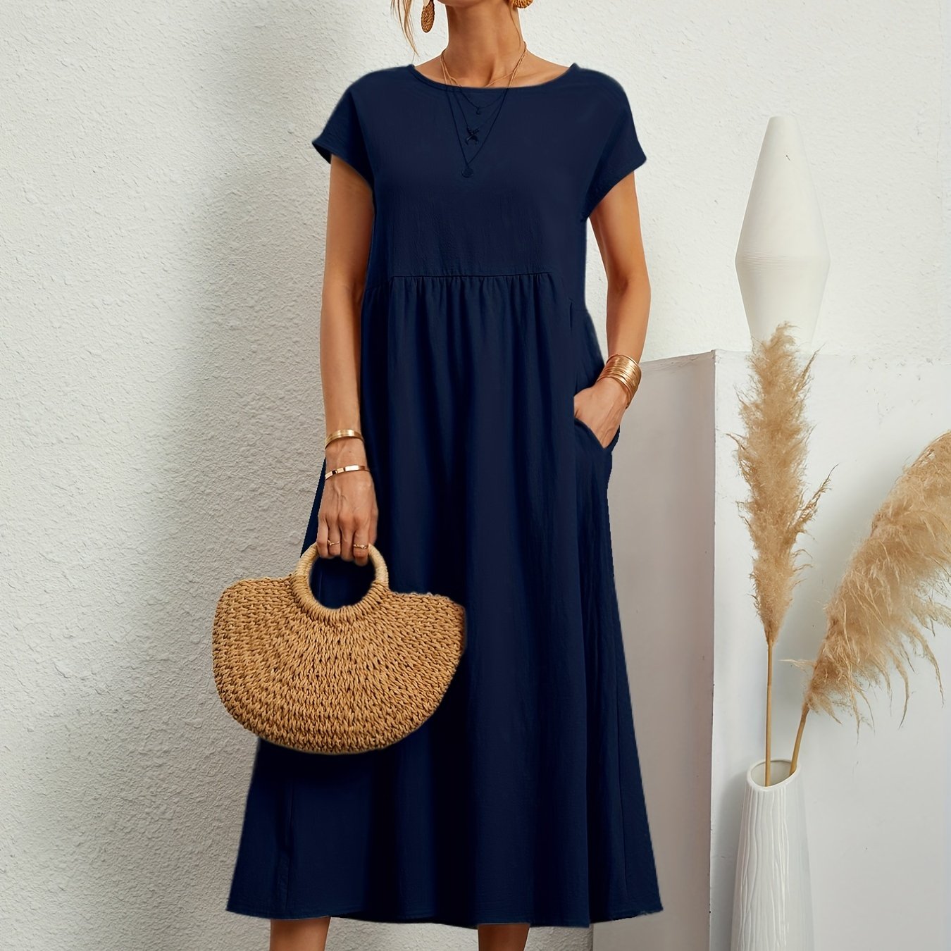 Sixsr Loose Pocket Solid Dress, Casual Short Sleeve Crew Neck Waist Summer Dress, Women's Clothing