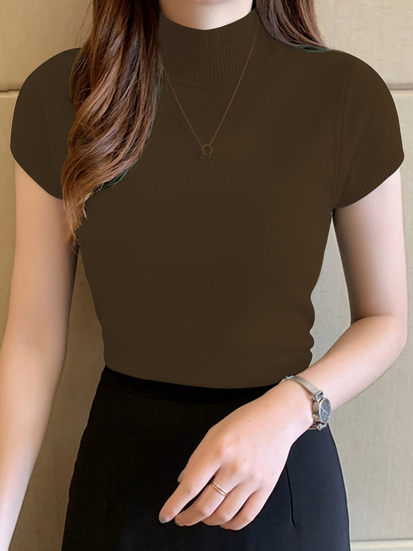 Sixsr Solid Mock Neck Knit Sweater, Casual Short Sleeve Sweater, Women's Clothing