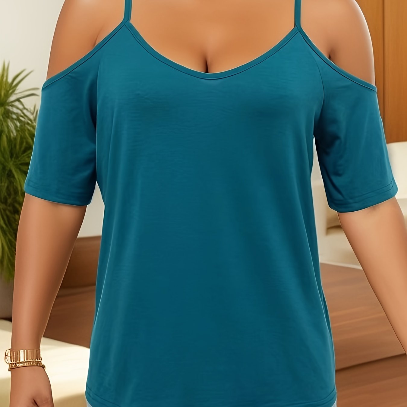 Sixsr Cold Shoulder V Neck T-Shirt, Casual Short Sleeve T-Shirt For Spring & Summer, Women's Clothing