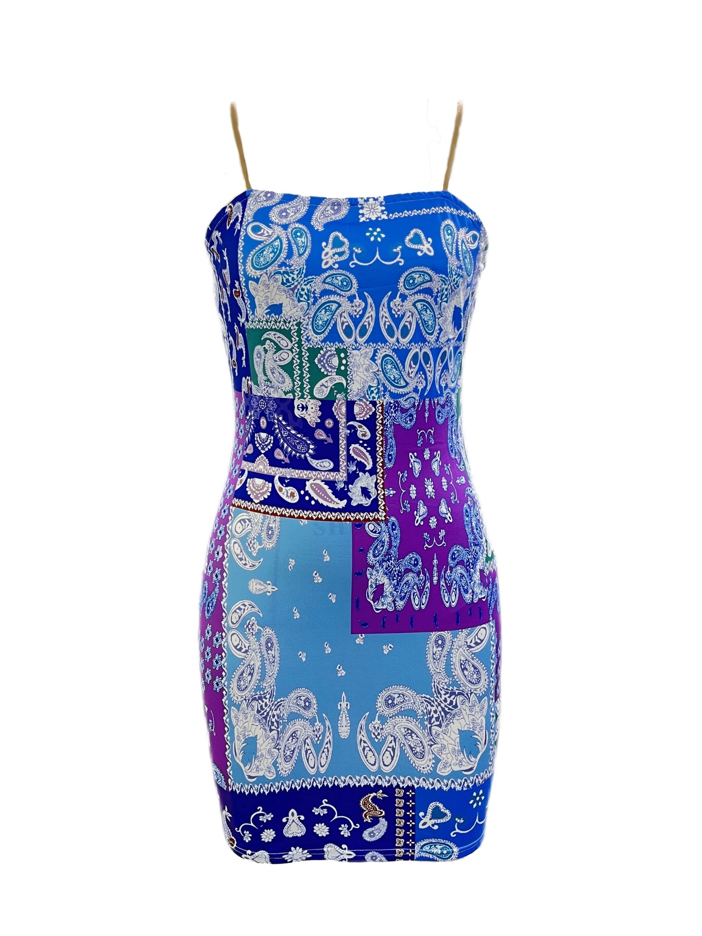 Sixsr Paisley Print Patchwork Dress, Boho Sexy Spaghetti Strap Bodycon Dress, Women's Clothing