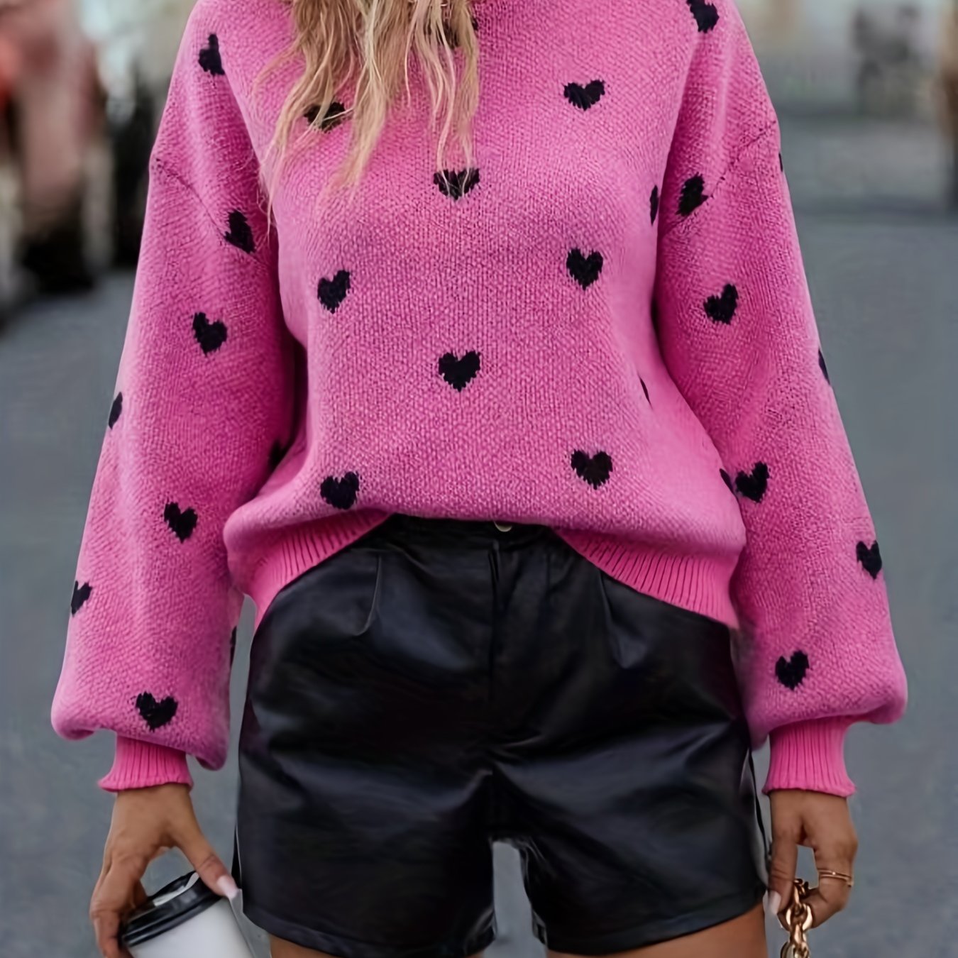 Sixsr Cute Black Heart Graphic Sweater, Drop Shoulder Long Sleeve Casual Sweater For Fall & Winter, Women's Clothing