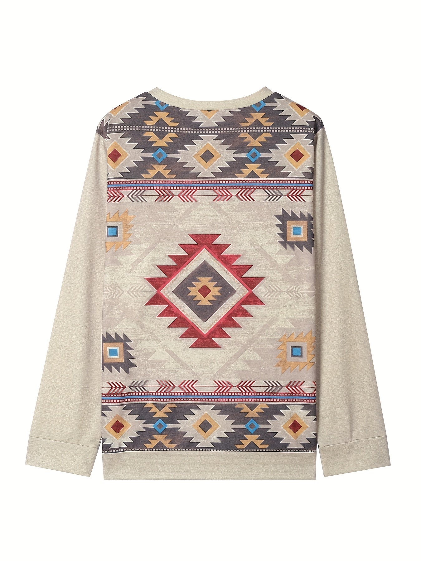 Sixsr Plus Size Boho Sweatshirt, Women's Plus Geometric Print Long Sleeve Round Neck Slight Stretch Sweatshirt