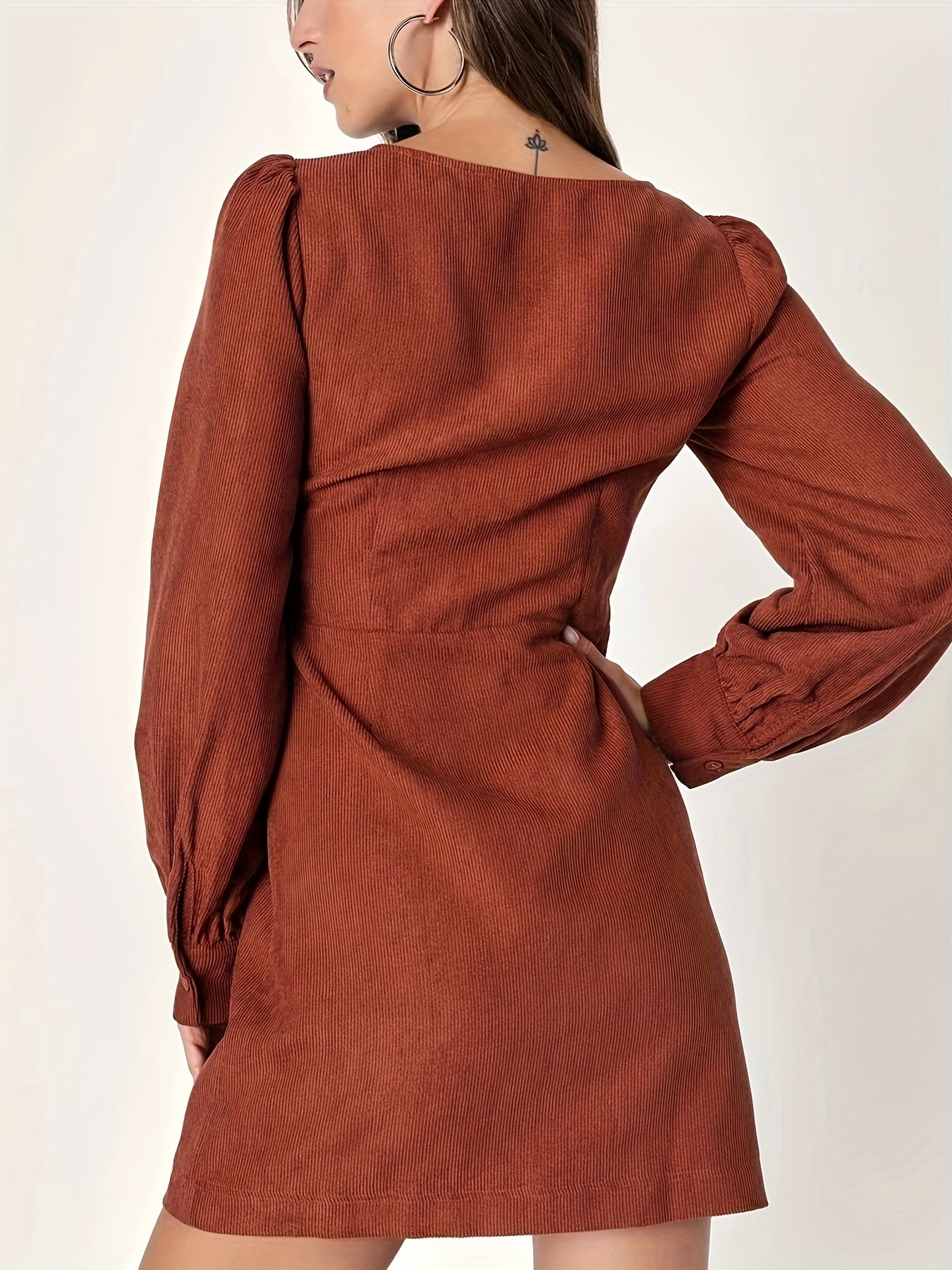 Sixsr Button Front Squared Neck Dress, Casual Solid Long Sleeve Dress, Women's Clothing