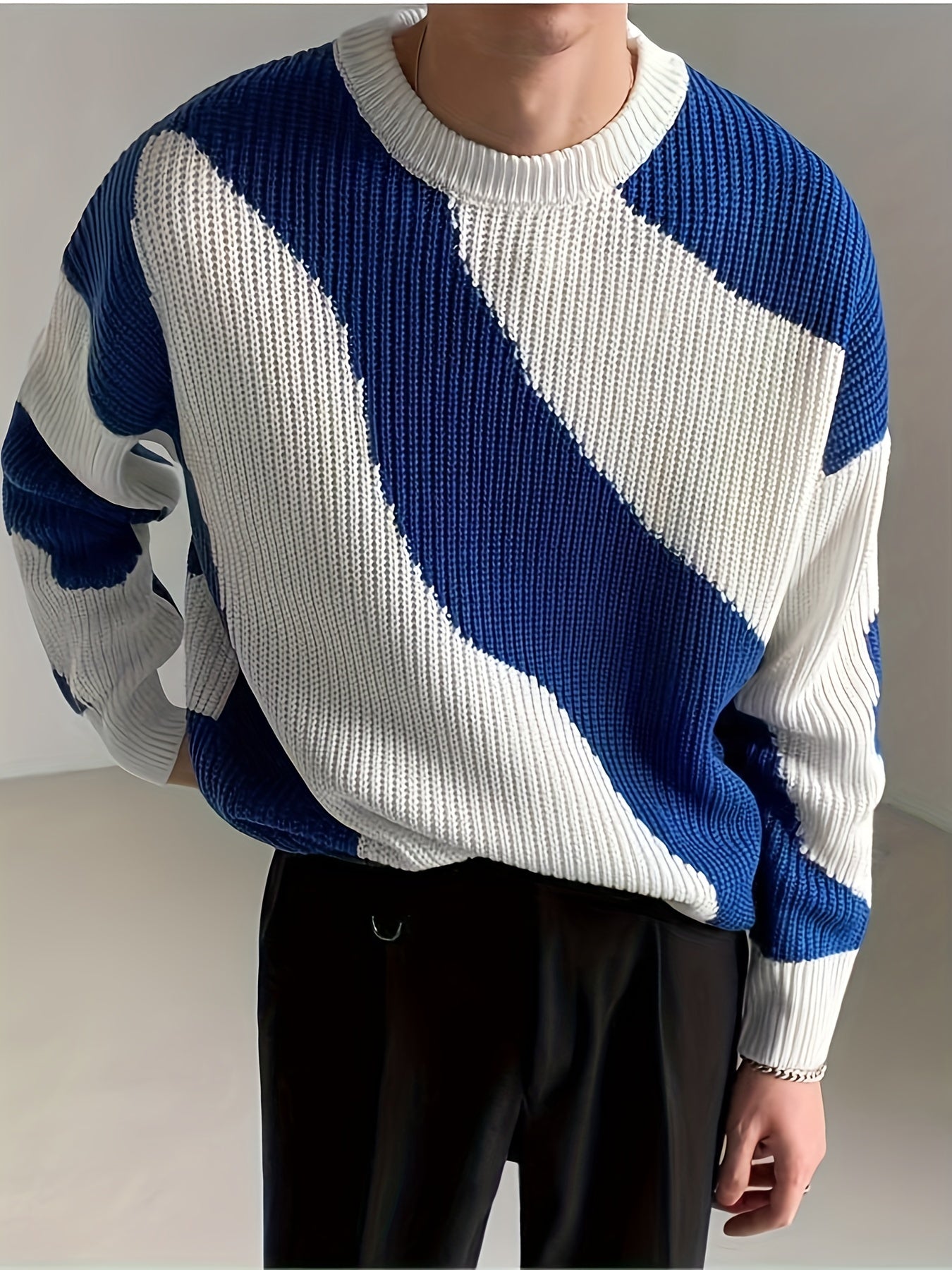 Sixsr All Match Knitted Color Block Wave Pattern Cable Sweater, Men's Casual Warm Slightly Stretch Crew Neck Pullover Sweater For Men Fall Winter