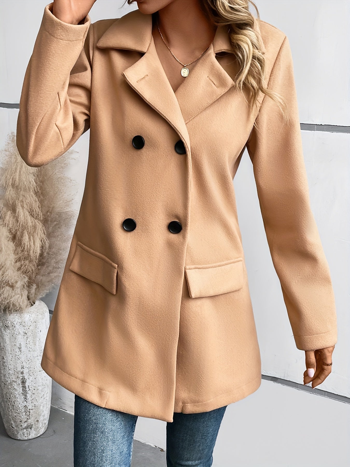 Belted Double Breasted Pocket Trench Coat, Casual Lapel Neck Long Sleeve Coat, Women's Clothing