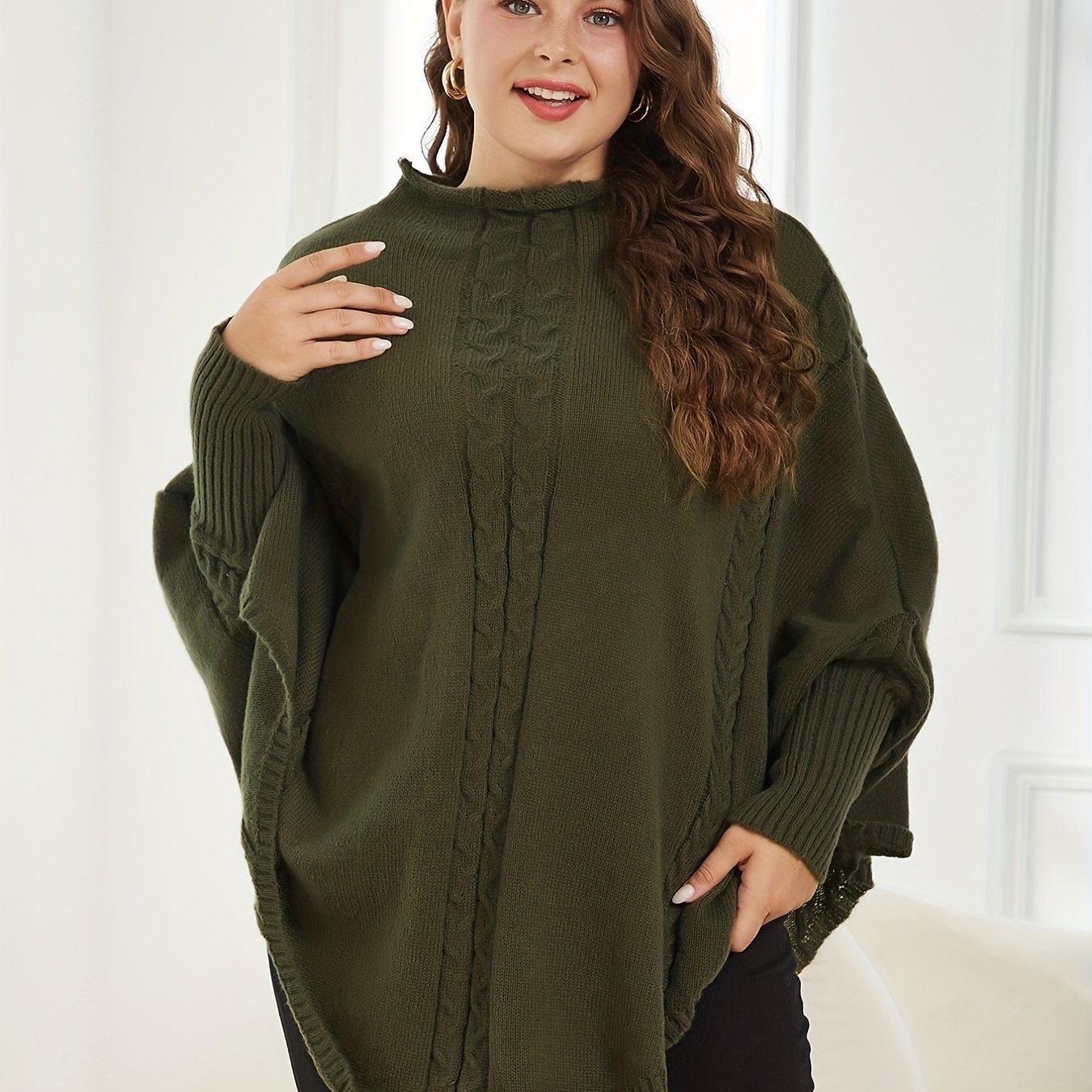 Sixsr Plus Size Casual Sweater, Women's Plus Jacquard High Neck Bat Sleeve Pullover Sweater