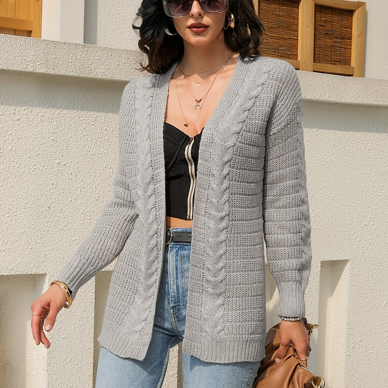 Sixsr Twist Pattern Open Front Cardigan, Casual Long Sleeve Cardigan For Fall & Winter, Women's Clothing