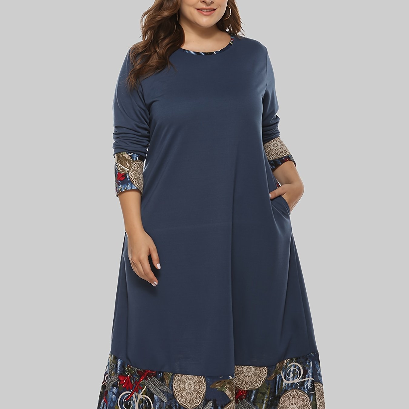 Sixsr Plus Size Colorblock Long Sleeve Maxi Dress, Women's Plus Round Neck Casual Long Dress