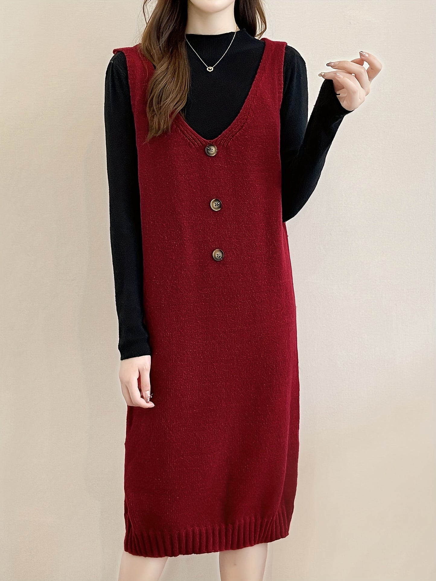 Sixsr Plunging Solid Midi Dress, Elegant Sleeveless Knitted Dress With Buttons, Women's Clothing