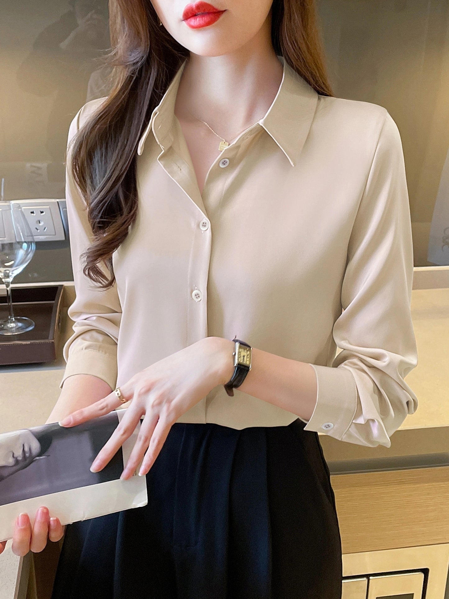 Sixsr Solid Button Front Shirt, Casual Long Sleeve Collar Work Office Shirt, Women's Clothing