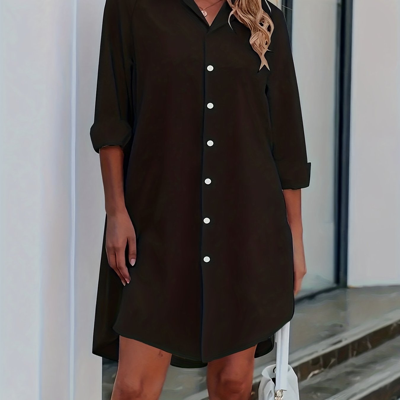Sixsr Button Front Shirt Dress, Sexy 3/4 Sleeve Solid Turn Down Collar Dress, Women's Clothing