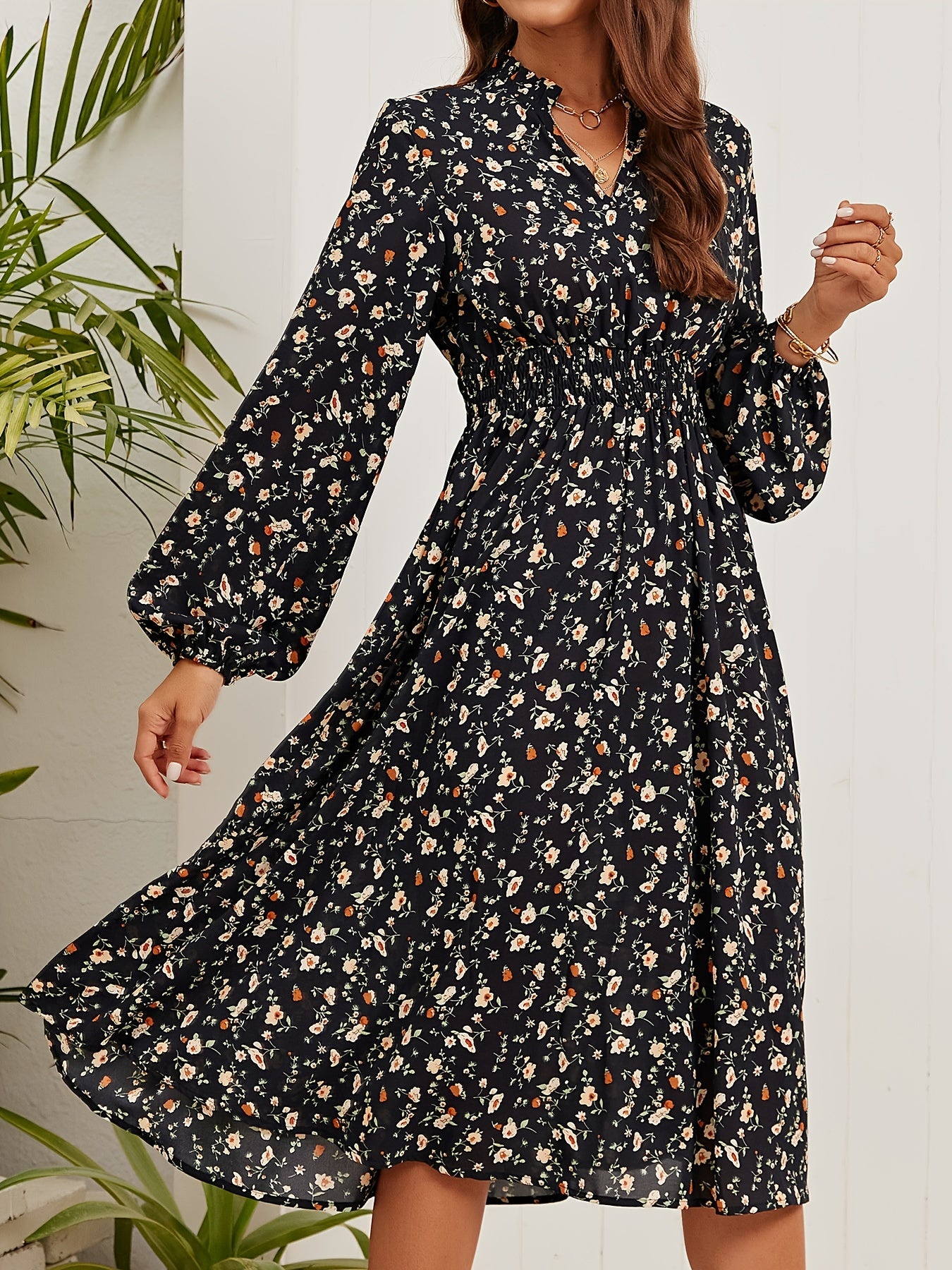 Sixsr Floral Print Elegant Slim Dress, Long Sleeve Casual Every Day Dress For All Season, Women's Clothing