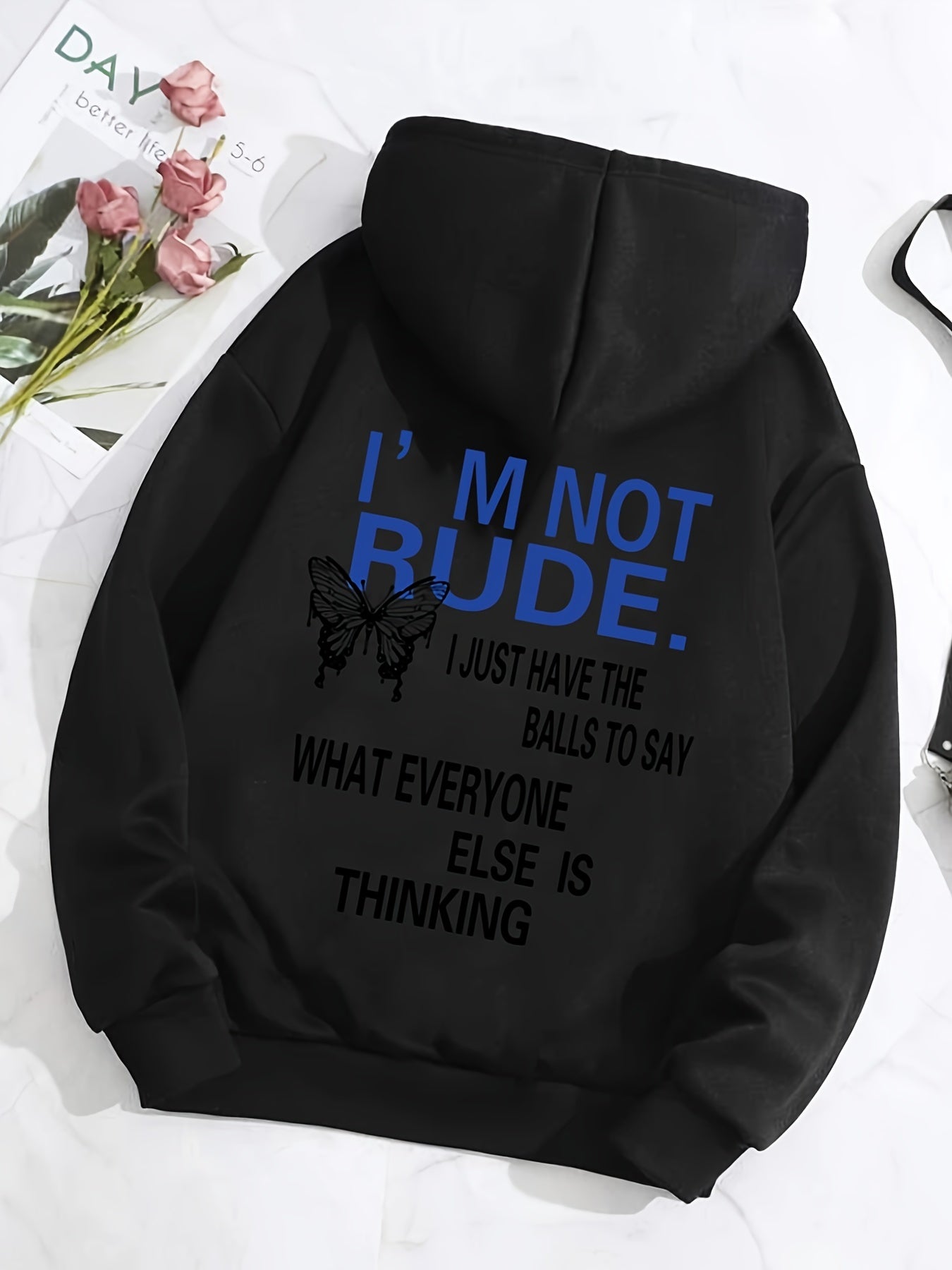 Sixsr Butterfly Letter Print Drawstring Loose Hoodie, Casual Hooded Pocket Fashion Long Sleeve Sweatshirt, Women's Clothing