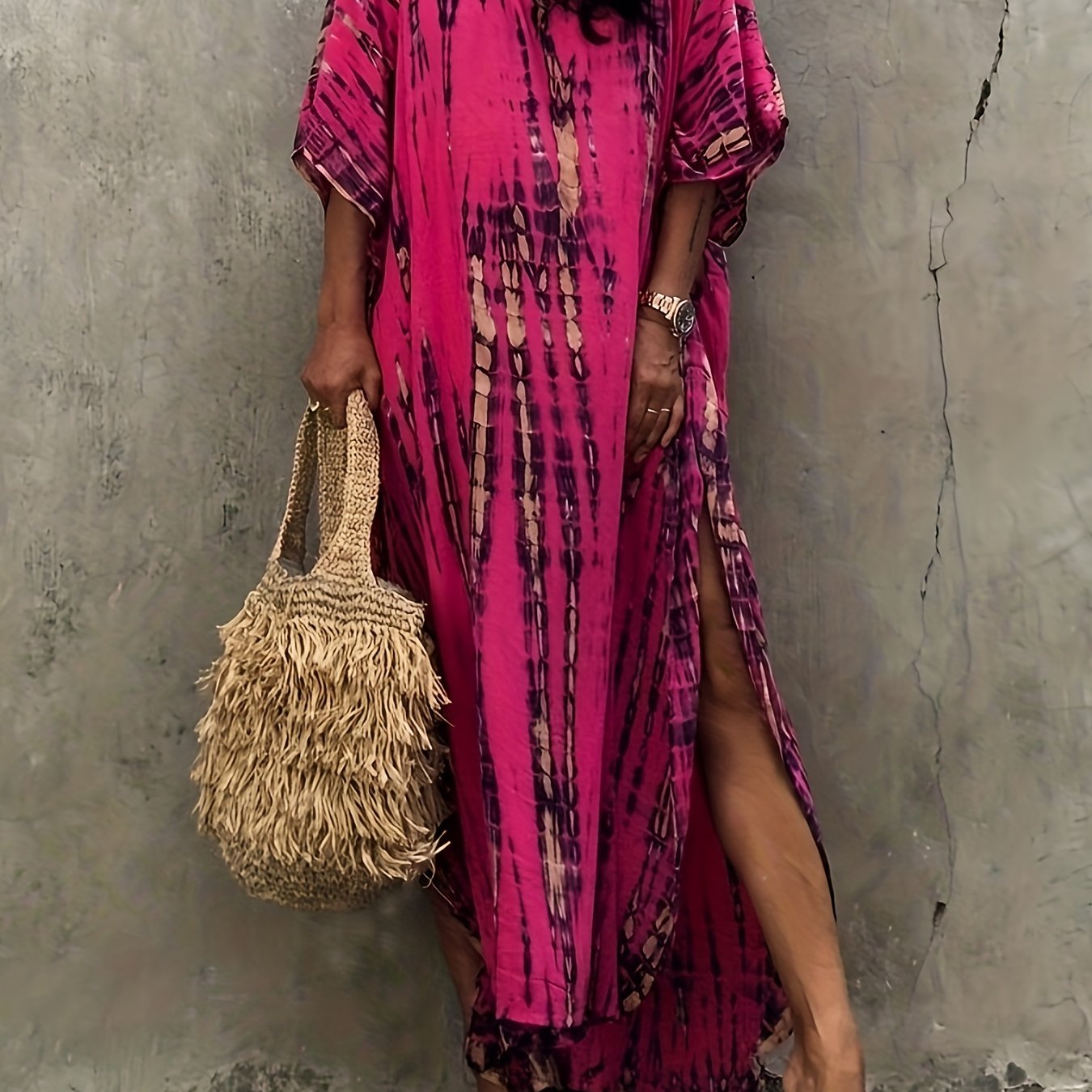 Sixsr V Neck Oversized Kaftan Dress, Bohemian Loose Beach Vacation Dress, Women's Clothing