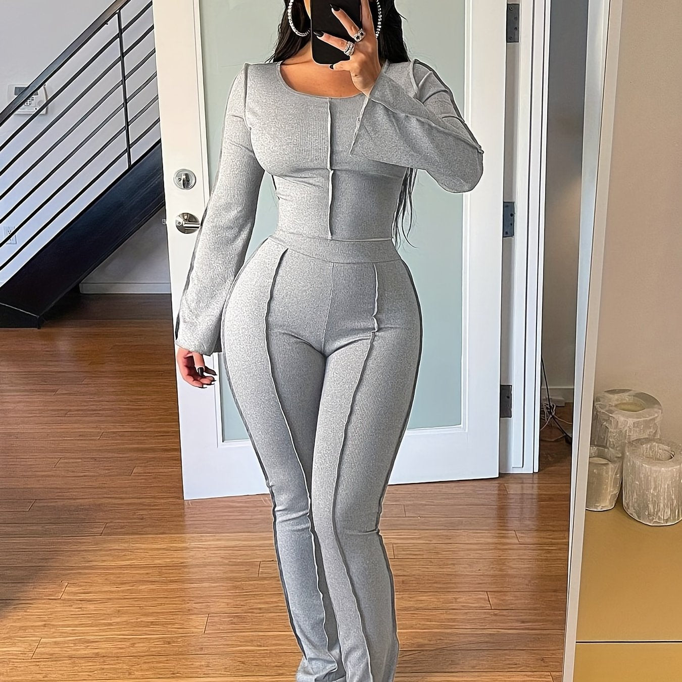 Sixsr Solid Rib Two-piece Set, Flared Sleeve Crew Neck Tops & High Waist Long Length Pants Outfits, Women's Clothing