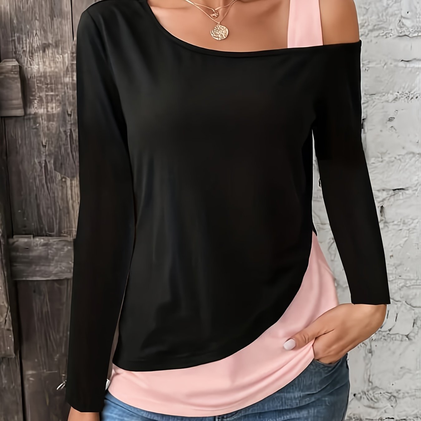 Sixsr Plus Size Casual Top, Women's Plus Colorblock Long Sleeve One Shoulder Medium Stretch Top