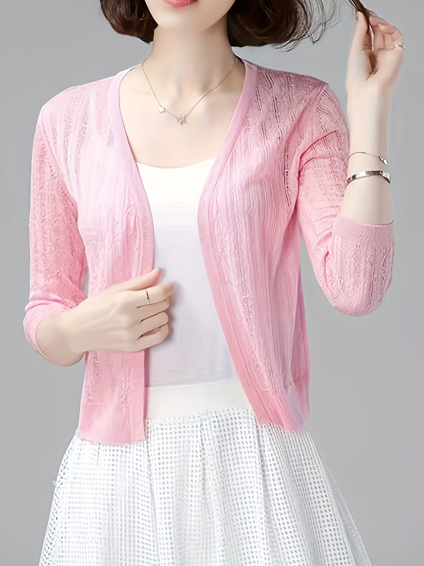 Sixsr Solid Simple Knit Cardigan, Elegant 3/4 Sleeve Versatile Sweater, Women's Clothing