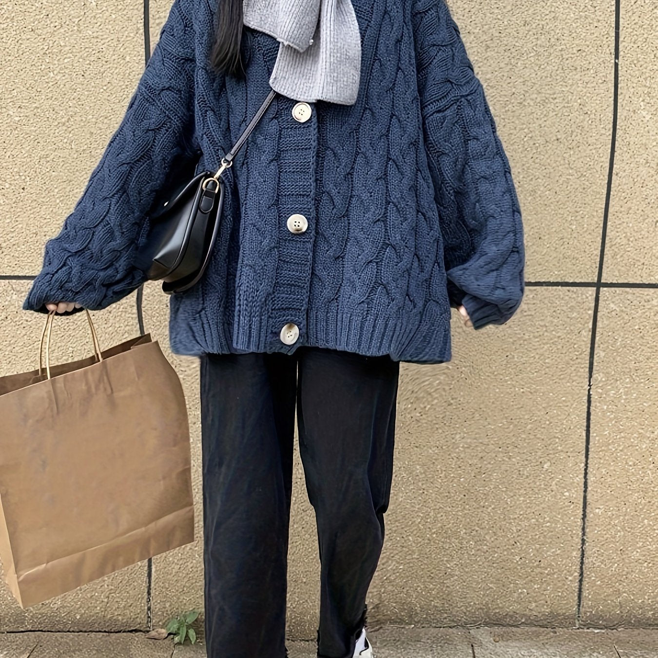 Sixsr Button Front Twist Knitted Cardigan Sweater, Casual V-neck Sweater For Fall & Winter, Women's Clothing