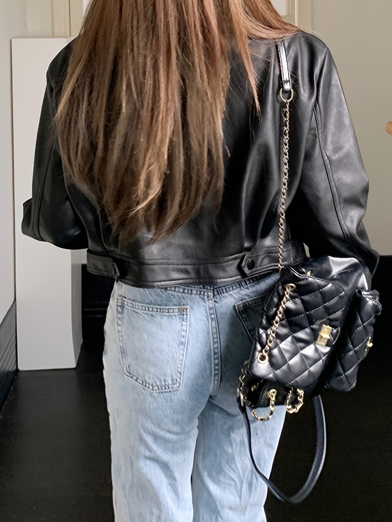 Sixsr Faux Leather Zip-up Jacket, Casual Long Sleeve Crop Biker Jacket For Fall & Winter, Women's Clothing