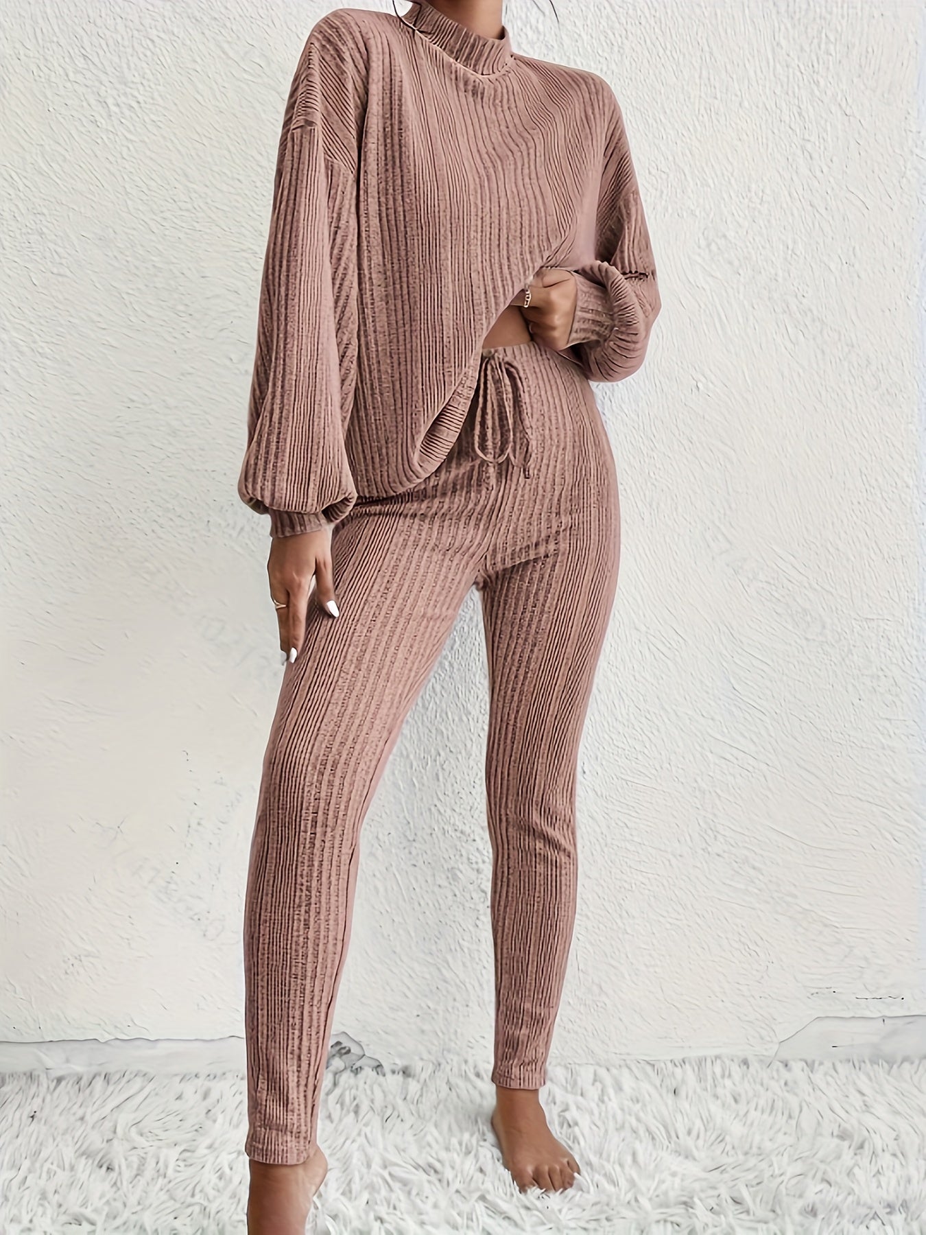 Sixsr Casual Ribbed Knit Two-piece Set, Lantern Sleeve Top & Drawstring Slim Pants Outfits, Women's Clothing