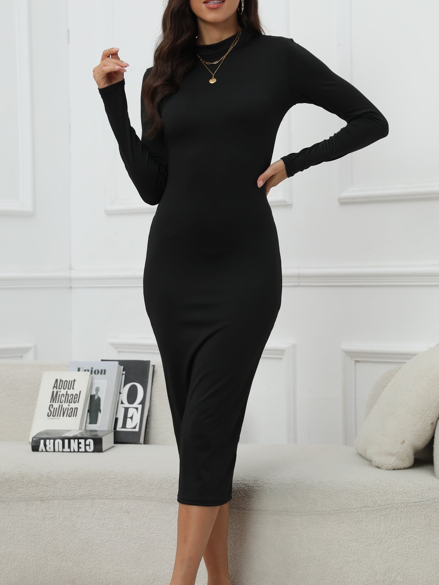 Sixsr Solid Bodycon Midi Dress, Casual Mock Neck Long Sleeve Dress, Women's Clothing