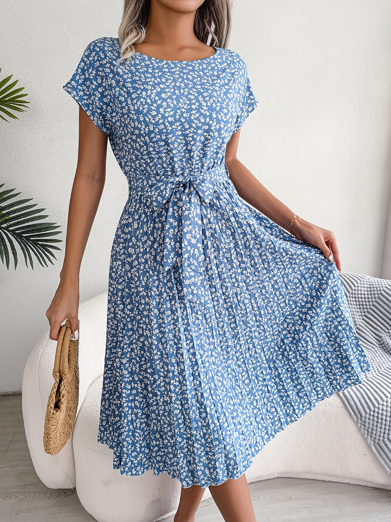 Sixsr Stylish Floral Print Belted Dress, Crew Neck Short Sleeve Dress, Casual Every Day Dress, Women's Clothing