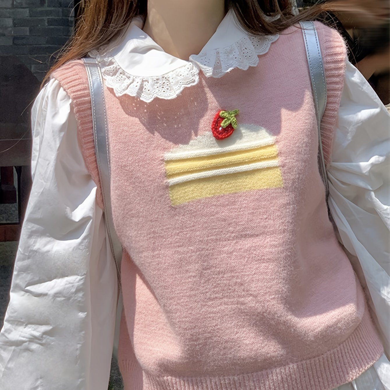 Sixsr Cake Pattern Crew Neck Knitted Vest, Casual Sleeveless Sweet Sweater, Women's Clothing