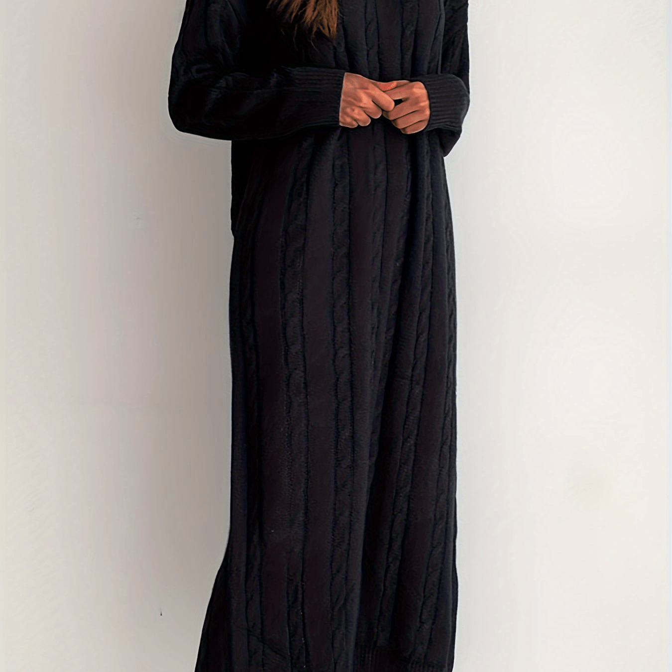 Sixsr Solid Cable Knit Sweater Dress, Casual Long Sleeve Midi Dress, Women's Clothing