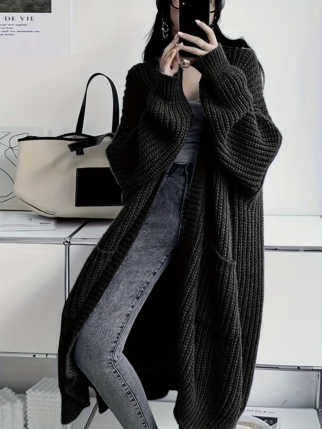 Sixsr Solid Open Front Loose Knit Cardigan, Casual Long Sleeve Long Length Sweater With Pocket, Women's Clothing