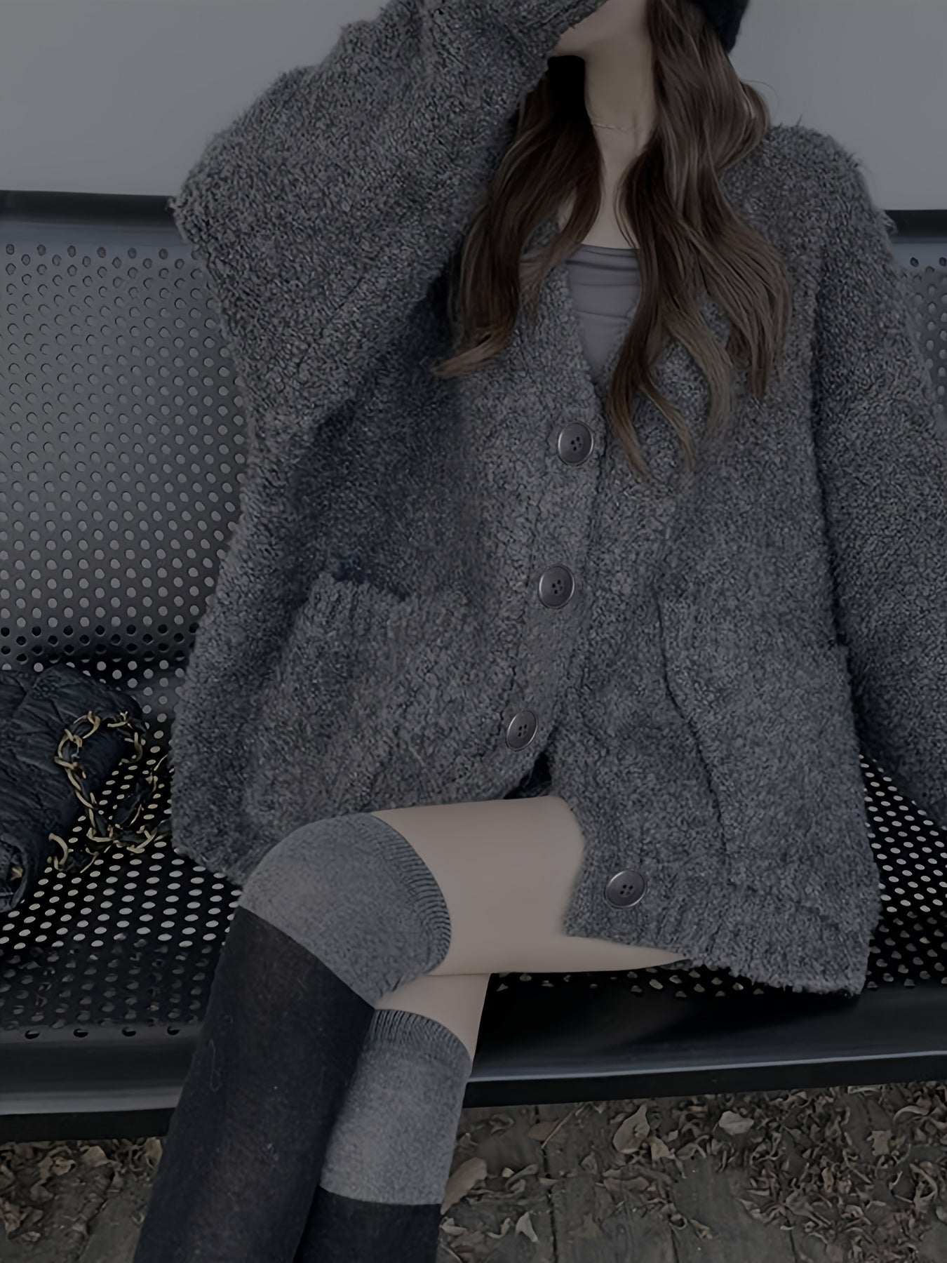 Sixsr Solid Open Front Loose Knitted Sweater, Elegant V Neck Button Front Long Sleeve Coat For Every Day, Women's Clothing