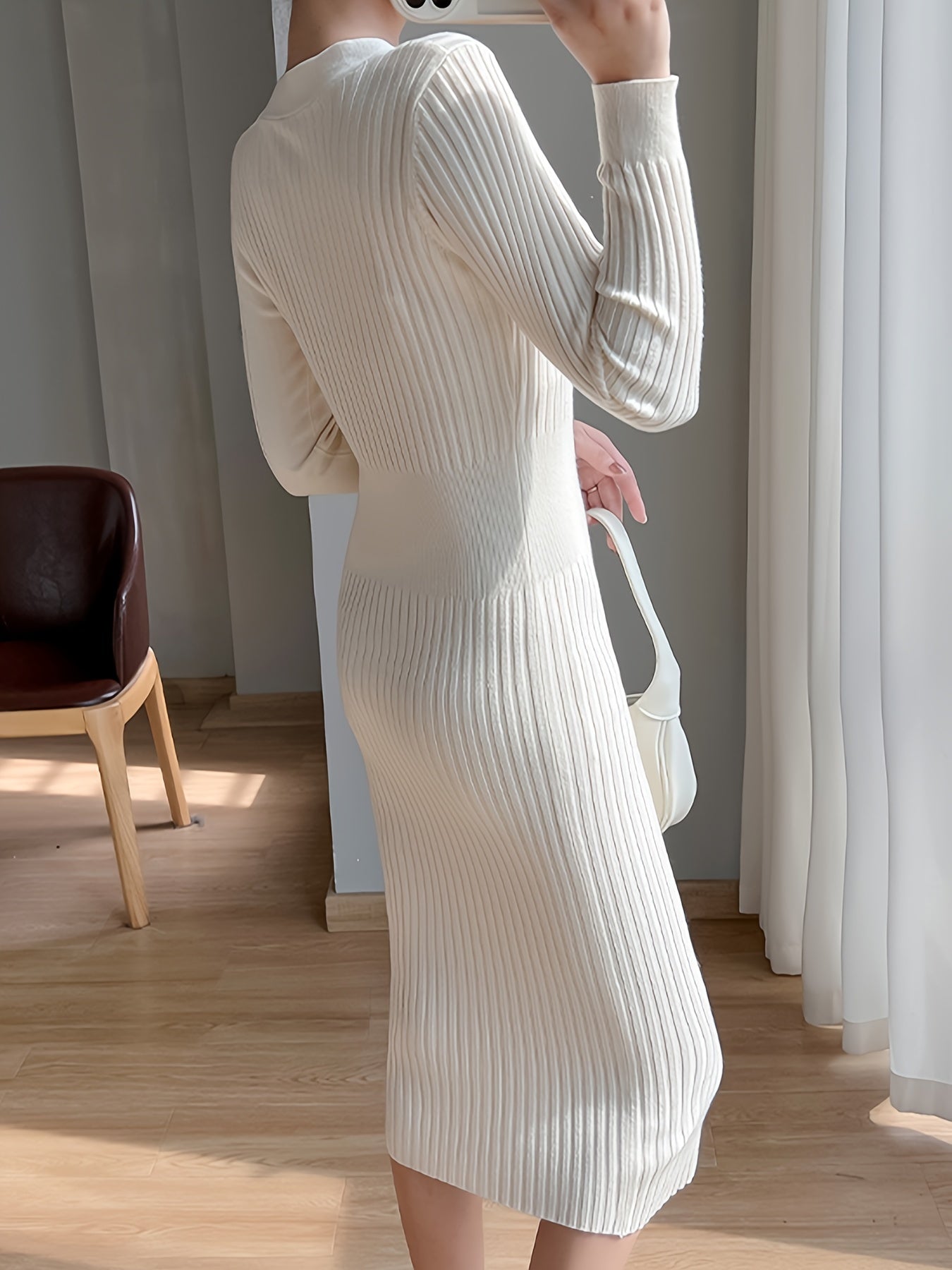 Sixsr Button Front Ribbed Dress, Casual V Neck Long Sleeve Midi Dress, Women's Clothing