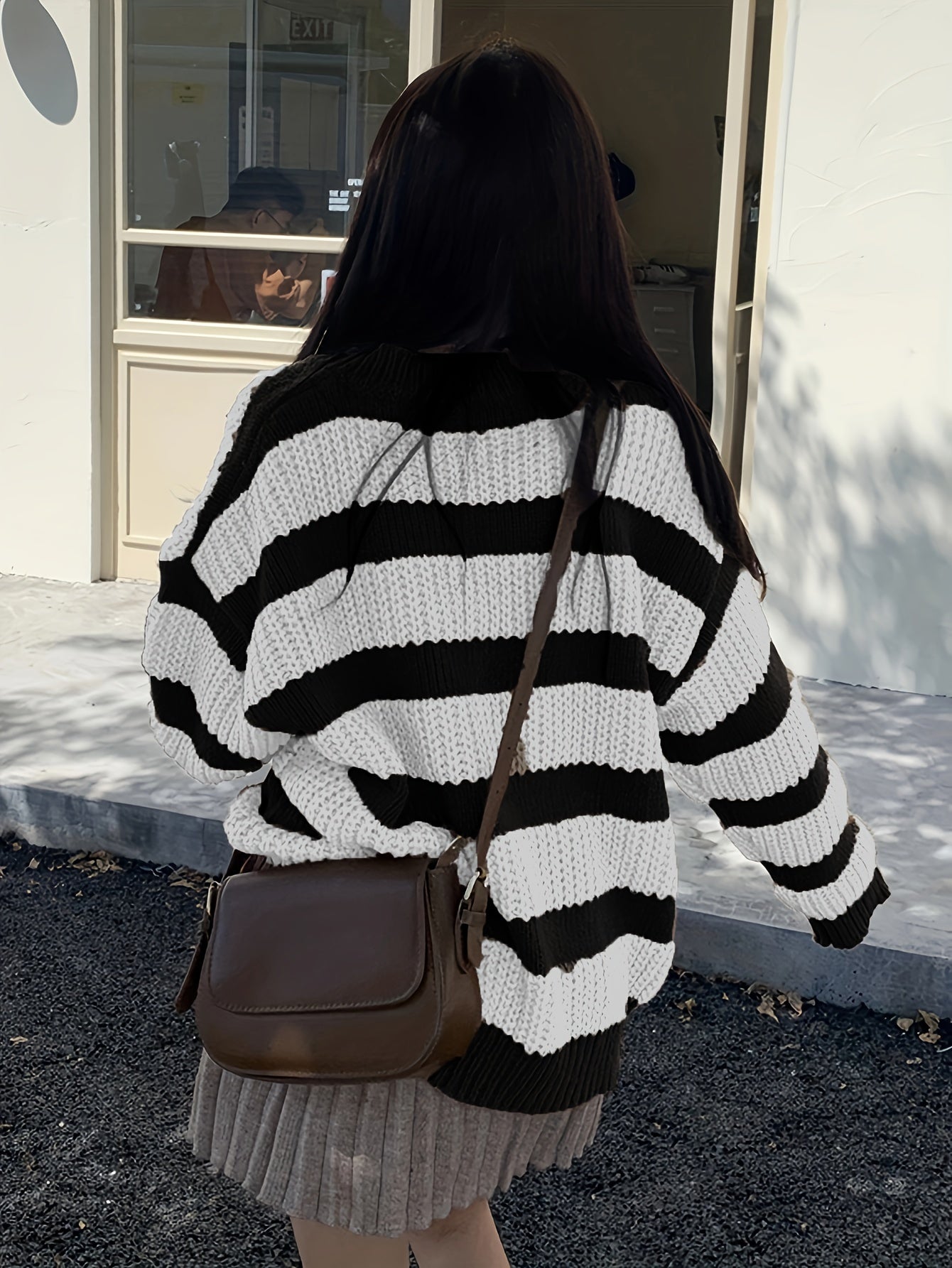 Sixsr Striped V Neck Pullover Sweater, Casual Long Sleeve Drop Shoulder Sweater, Women's Clothing